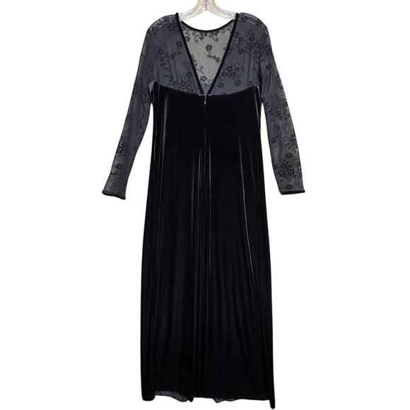 Vtg Y2K Black Velvet Maxi Dress Mesh Bodice Sleeve Whimsigoth Y2K Vampire Floral - Picture 2 of 16